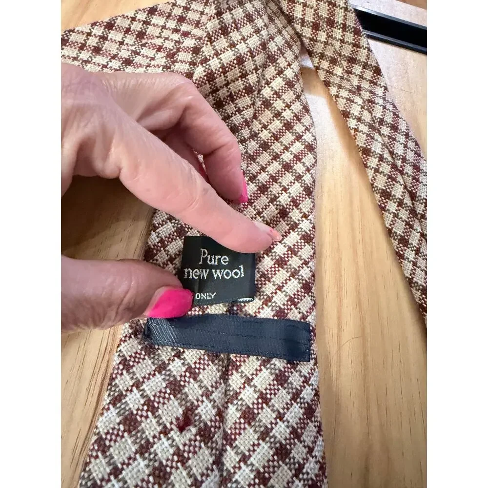 Pure New Wool Necktie Brown Cream Glen Plaid Check Woolmark Mens Tie